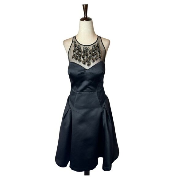 Milly New York Black Embellished Neckline Fit And Flare‎ Aviana Sateen Dress 4 - Picture 4 of 16